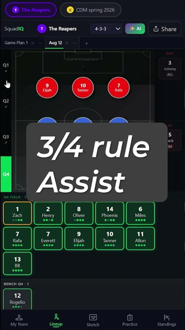The SquadIQ lineup screen with a player highlighted in amber for being short of three quarters