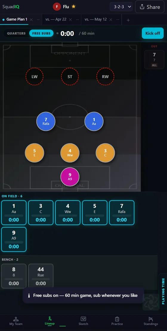 Free Subs mode in SquadIQ, with a running game clock and each player's time on the field