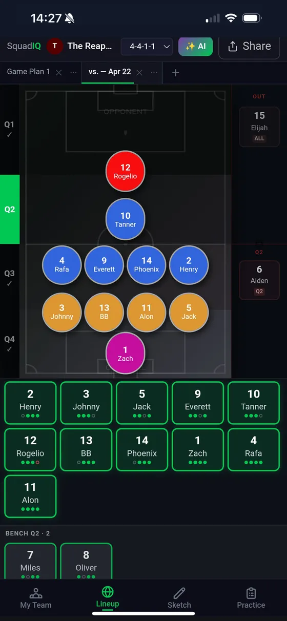 Lineup planner in SquadIQ