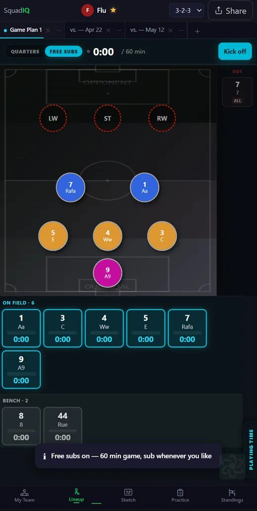 SquadIQ Free Subs mode: a running game clock with each player's playing time