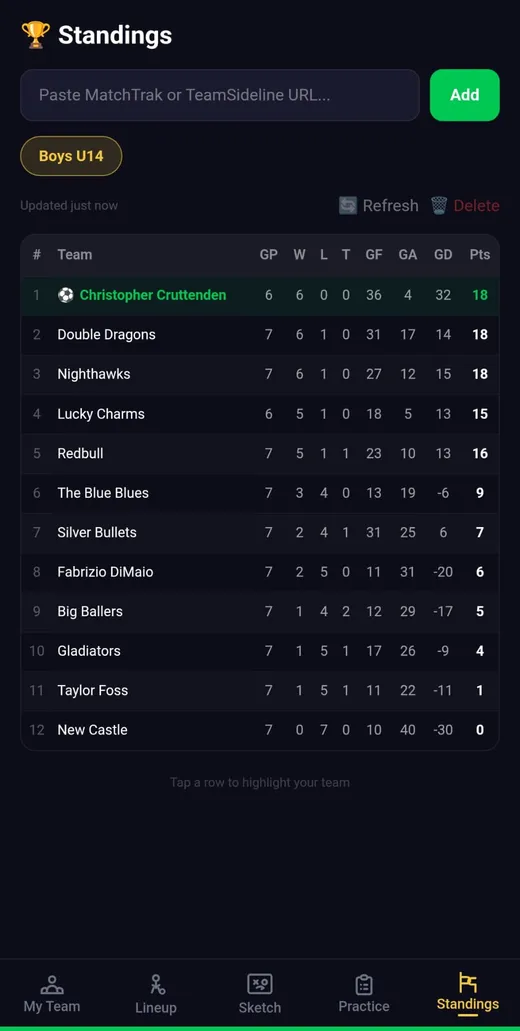 SquadIQ live league standings table
