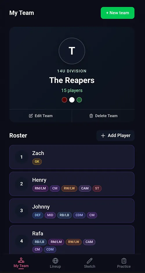 SquadIQ My Team roster screen
