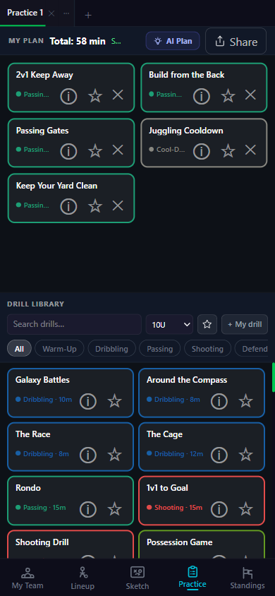 Practice plan builder with drill library