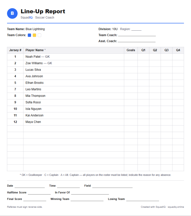 Printable line-up report with blank quarter columns