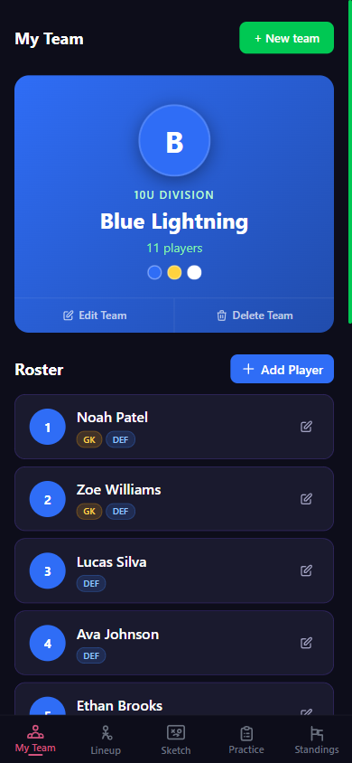 My Team roster in SquadIQ